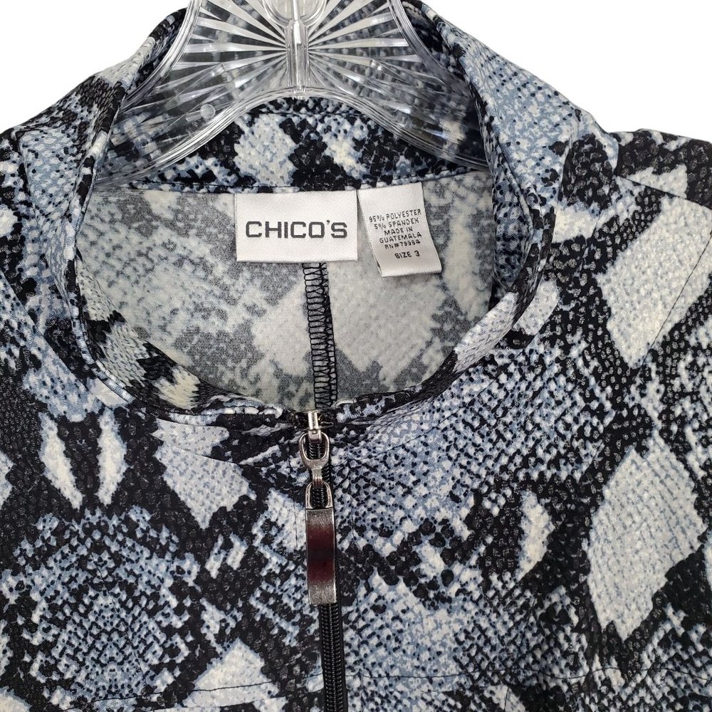 Chico's 3 Sz XL Jacket Blue Reptile Print Zip Belt Pockets Stretch Fluid Jersey - Picture 7 of 9
